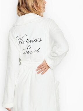 Victoria's Secret Plush Short White Robe with Embroidered Logo